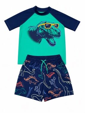 Carters Boys Dino Green/Navy Dinosaur Rash Guard Swim Set - Size 5T.    EUC
